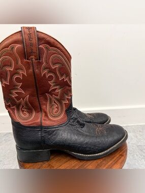 Tony Lama USA Full Quill Ostrich Cowboy Boots Size 9 Black & Brown Western
